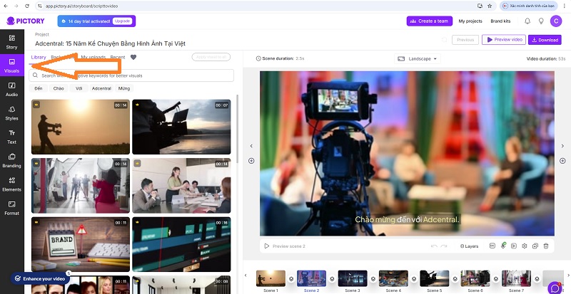 Giao diện storyboard trong Pictory, với mũi tên chỉ vào mục "Visuals" để người dùng thay đổi hình ảnh hoặc video do AI gợi ý.

