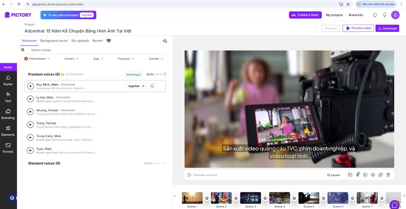 Giao diện phần mềm Pictory.ai, khu vực "Audio" được chọn, hiển thị danh sách các tùy chọn giọng đọc AI và nhạc nền cho video.

