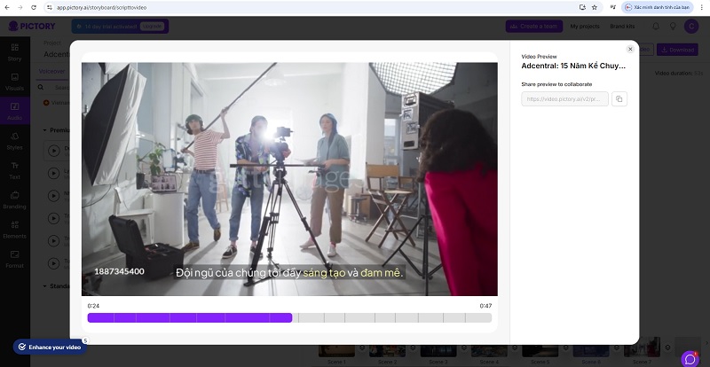 Xem trước và xuất video AI trên Pictory: Bước cuối cùng để tạo ra video từ kịch bản và hình ảnh stock.