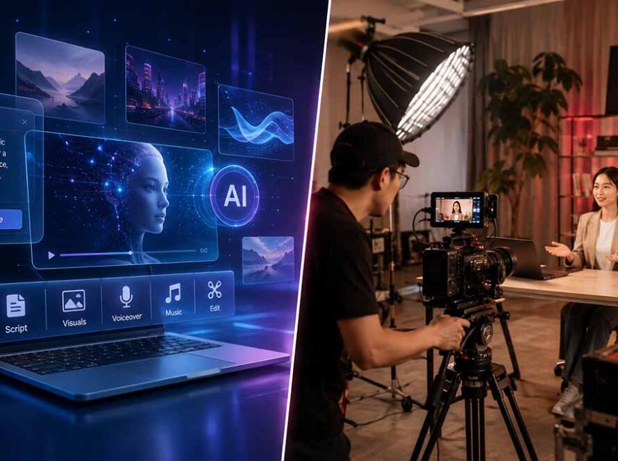 Doanh nghiệp có nên dùng video AI hay quay thật, hình minh họa so sánh video AI và quay video thực tế