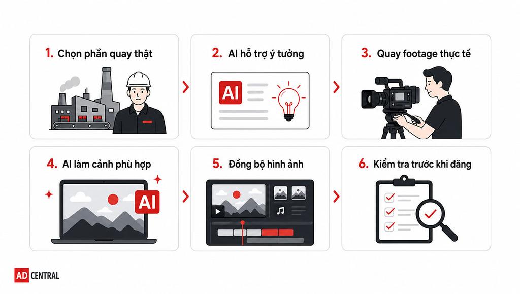 Infographic 6 bước Hybrid Production kết hợp AI và quay thật trong sản xuất video doanh nghiệp