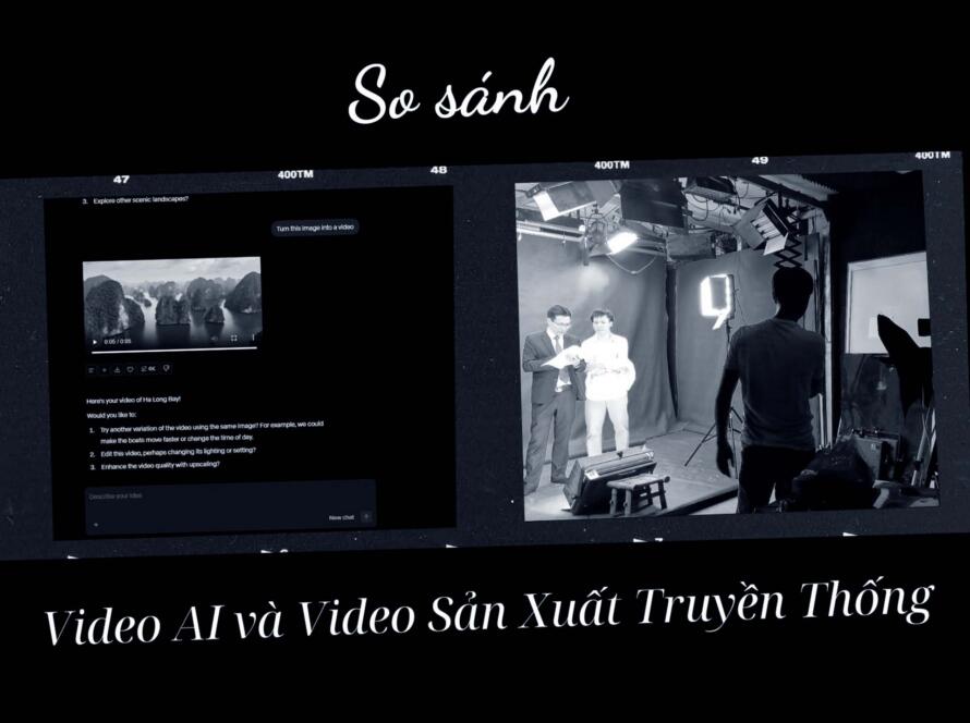 So sánh giữa giao diện AI tạo video và một đoàn phim chuyên nghiệp đang sản xuất video truyền thống.