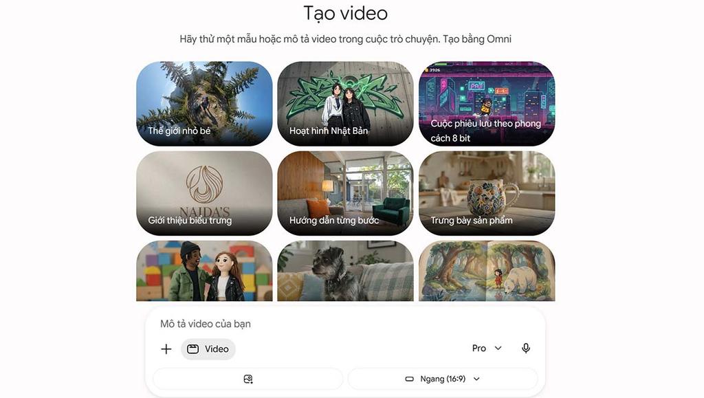 Ảnh chụp màn hình công cụ tạo video AI minh họa các thể loại video quảng cáo có thể tạo bằng AI